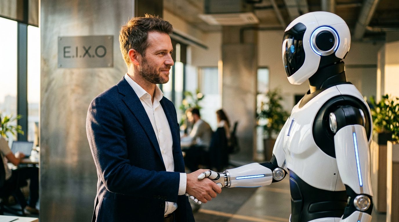 Especialista em marketing digital cumprimentando um robô humanoide em escritório moderno com logo E.I.X.O ao fundo — IA como ferramenta de parceria, não substituição Especialista em marketing digital cumprimentando um robô humanoide em escritório moderno com logo E.I.X.O ao fundo — IA como ferramenta de parceria, não substituição