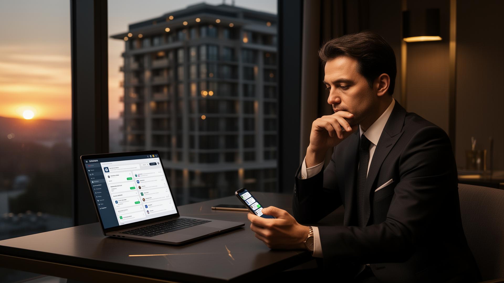 Corretor de imóveis em escritório premium ao entardecer analisando CRM no notebook e notificações de leads no celular — operação comercial estruturada para vender mais imóveis Corretor de imóveis em escritório premium ao entardecer analisando CRM no notebook e notificações de leads no celular — operação comercial estruturada para vender mais imóveis