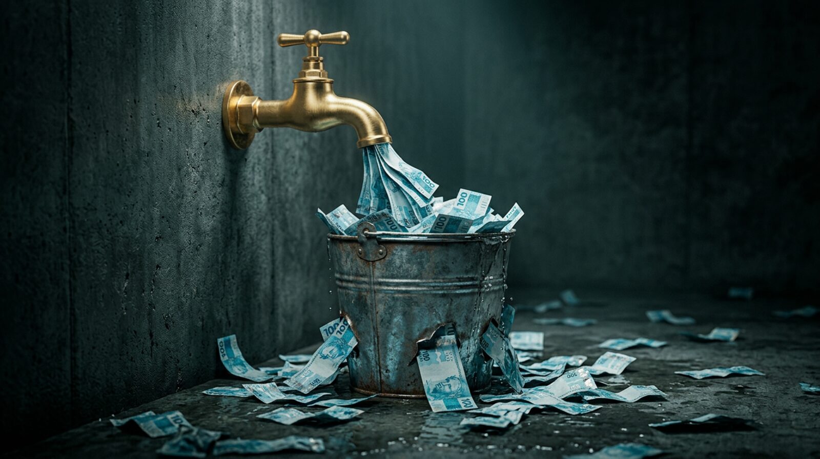 Torneira dourada despejando notas de R$100 dentro de um balde furado de metal, com cédulas vazando pelos buracos e se espalhando pelo chão escuro — metáfora visual de caixa rápido sem negócio estruturado Torneira dourada despejando notas de R$100 dentro de um balde furado de metal, com cédulas vazando pelos buracos e se espalhando pelo chão escuro — metáfora visual de caixa rápido sem negócio estruturado
