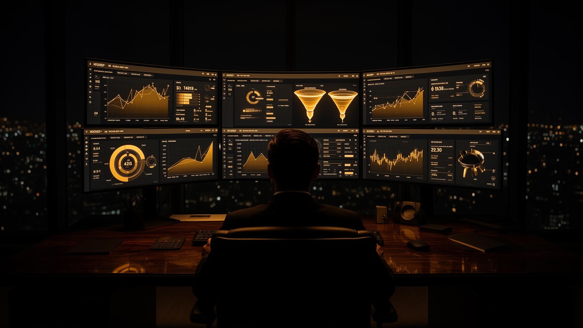 Executivo em sala de comando à noite analisando dashboards de funil de vendas, conversão e receita em múltiplos monitores curvos — representação visual de lançamento digital operado como sistema de vendas previsível Executivo em sala de comando à noite analisando dashboards de funil de vendas, conversão e receita em múltiplos monitores curvos — representação visual de lançamento digital operado como sistema de vendas previsível