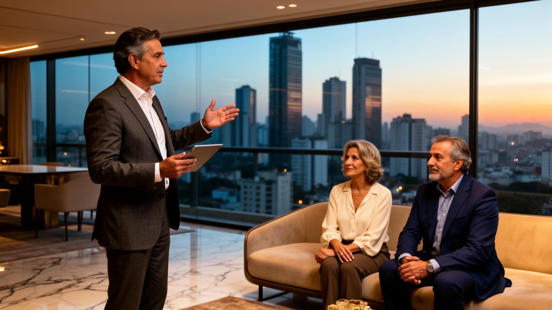 Corretor de imóveis de alto padrão conduzindo casal comprador em cobertura de luxo com vista para a skyline de São Paulo ao entardecer — venda baseada em condução de decisão, não em apresentação de imóvel Corretor de imóveis de alto padrão conduzindo casal comprador em cobertura de luxo com vista para a skyline de São Paulo ao entardecer — venda baseada em condução de decisão, não em apresentação de imóvel