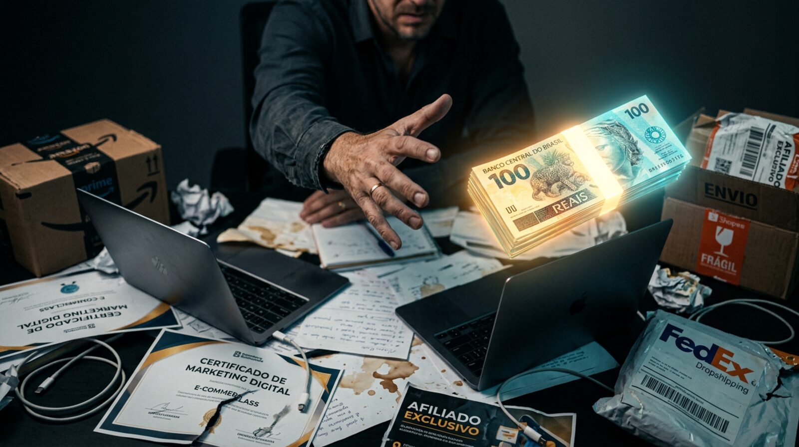 Mão tentando alcançar um maço holográfico de notas de R$100 flutuando sobre uma mesa cheia de laptops abandonados, certificados de marketing rasgados e caixas de dropshipping — metáfora visual da síndrome do objeto brilhante no digital Mão tentando alcançar um maço holográfico de notas de R$100 flutuando sobre uma mesa cheia de laptops abandonados, certificados de marketing rasgados e caixas de dropshipping — metáfora visual da síndrome do objeto brilhante no digital